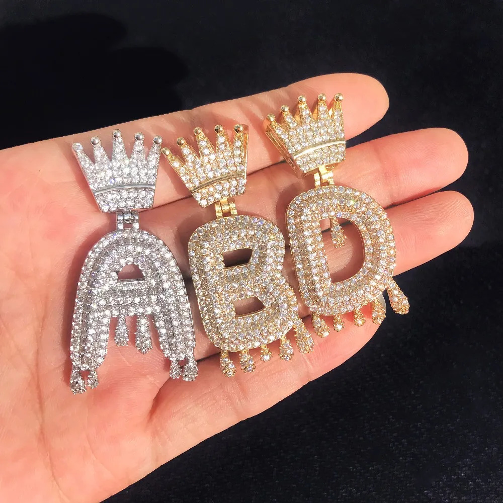 Bubble Letter Custom Name Necklace for Men Personalized Pendant Crown Drippy Charms Cubic Zircon Hip Hop Jewelry Iced Out 240309