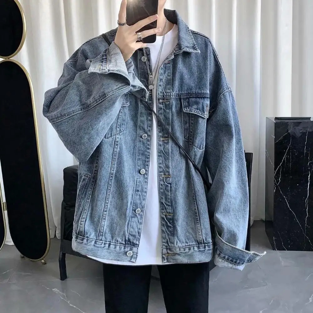 Men Denim Jacket Men Jacket Retro Hip Hop Style Denim Jacket with Multi Pockets Plus Size Men Coat for Casual Streetwear 240319