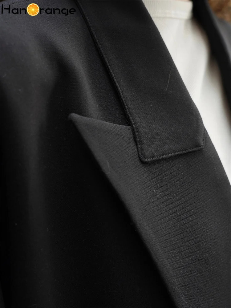 HanOrange Spring Fashion Retro Wide Shoulder Double Breasted Suit Coat Women 3D Straight Blazer BlackOat 240321