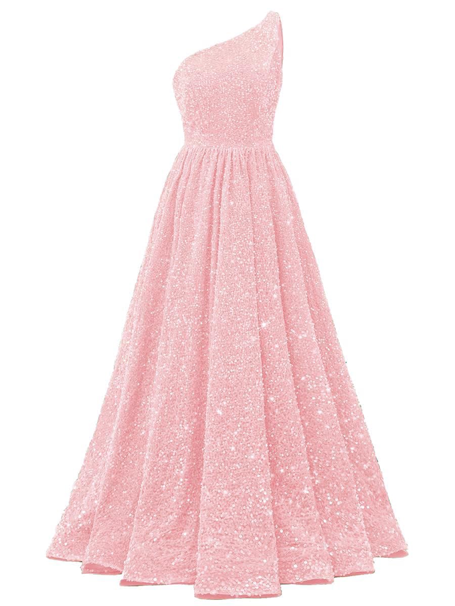 One-Shoulder Long Prom Dresses Sequins A-Line Plus Size Floor-Length Formal Occasion Evening Party Gown Pd04