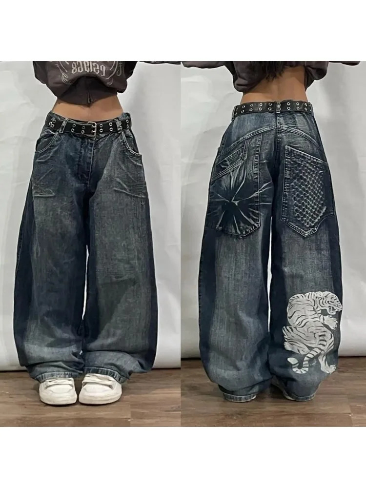 Gothic Y2K Baggy Jeans for Women Hip Hop Streetwear Blue Jeans Women Graphic Retro Jeans 90s Pants Harajuku High Waist Trouser 240315
