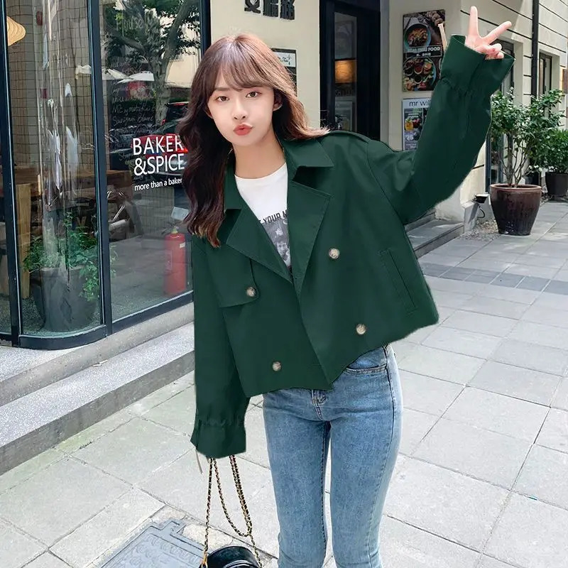 Cropped Trench Women Coats Elegant Baggy Temper S-3XL Vintage Notched Double Breasted Windproof Long Sleeve Spring Kpop Fashion 240312