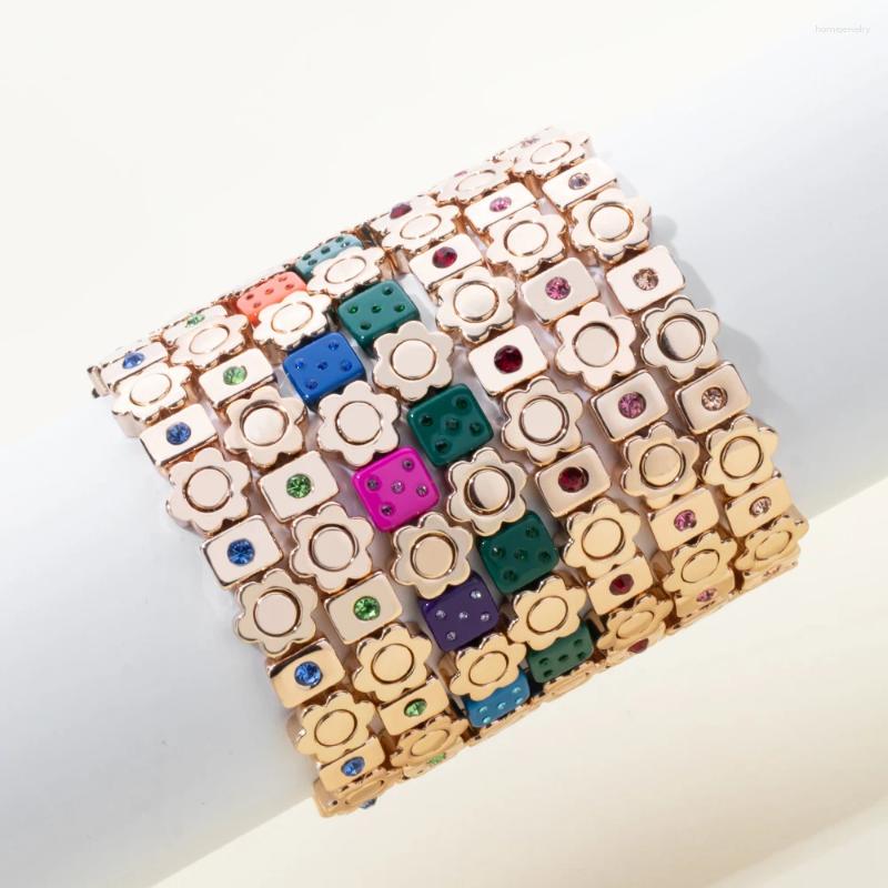 Strand Alloy Dice Beads Inlaid Rhinestone Bracelet Boho Enamel Flower Elastic 2024 Women