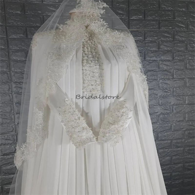 Luxury Beaded Muslim Wedding Dresses Dubai Arabic Long Sleeve Islamic Hispanic Country Bridal Dress 2024 Kaftan Chiffon Vestido Novia Appliques Lace c
