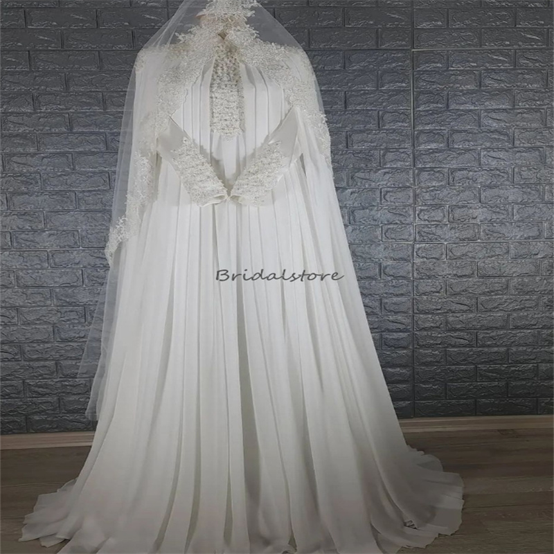 Luxury Beaded Muslim Wedding Dresses Dubai Arabic Long Sleeve Islamic Hispanic Country Bridal Dress 2024 Kaftan Chiffon Vestido Novia Appliques Lace c