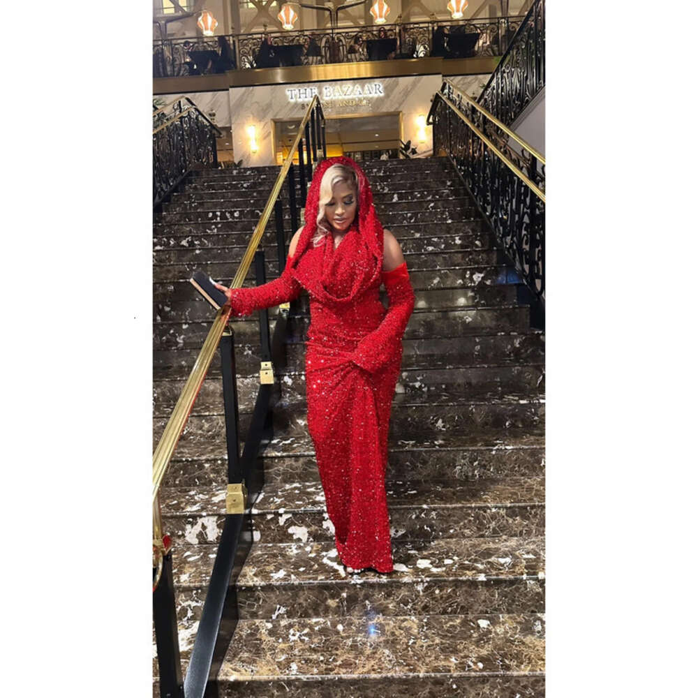 Arabic Aso Ebi Oct Sheath Red Prom Dress Sequined Lace Evening Formal Party Second Reception Birthday Engagement Gowns Dresses Robe De Soiree