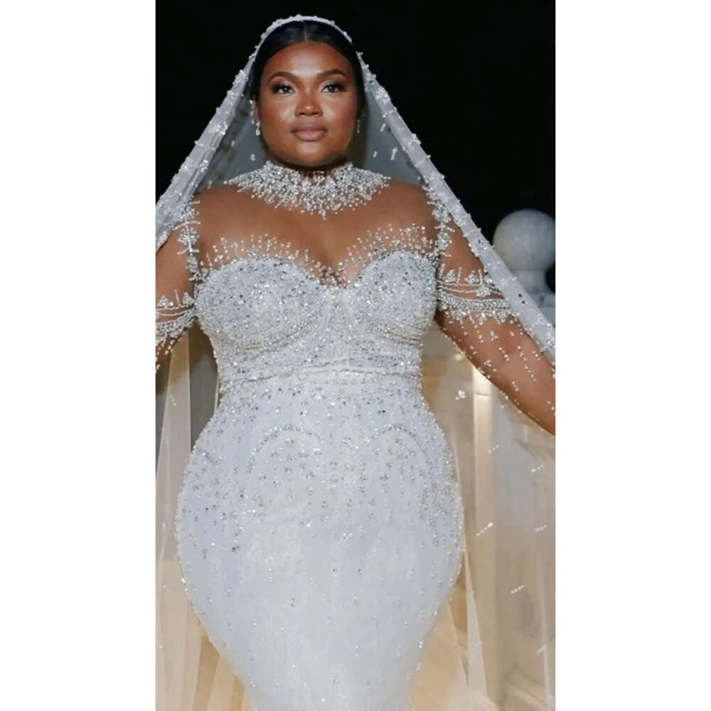 Ebi Arabic Aso Oct Plus Size Ivory Mermaid Wedding Dress Beaded Crystals Lace Bridal Gowns Dresses ZJ Es 6660306