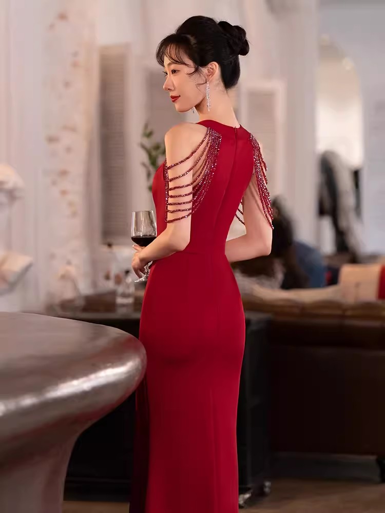 Wine red Women Cocktail Long Maxi Dress off Shoulder Side Split Formal Prom Evening Party Ball Gown