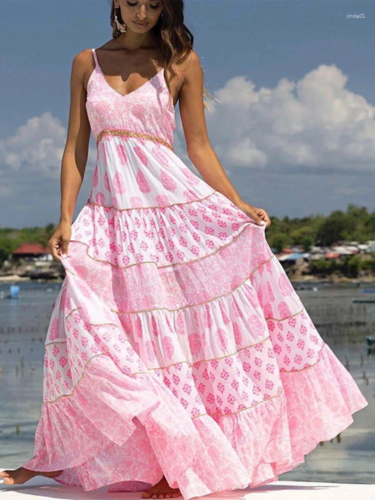 Casual Dresses Print Ruffles Oversized Hem Women Dress Fashion Loose Long Backless Sling Vestidos Spring Summer Beach Female Robe AA Discount for in-s