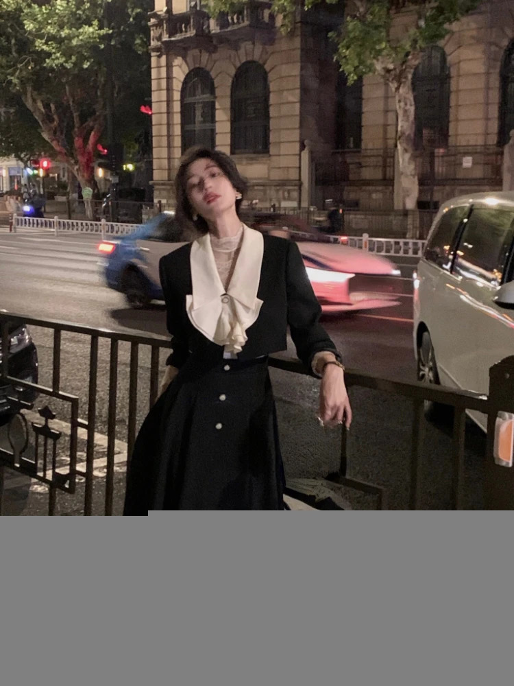 Elegant 2 Piece Dress Set Women Long Sleeve Crop Tops Casual Black Midi Skirt Autumn Slim Retro Office Lady Korean Suits 240323