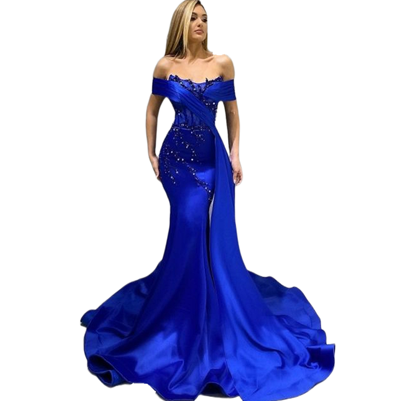 Elegant Royal Blue Mermaid Evening Dresses Beaded Sequins Off The Shoulder Long Satin Formal Party Gown Sexy Prom Dress Special Occasion Wear for Wome