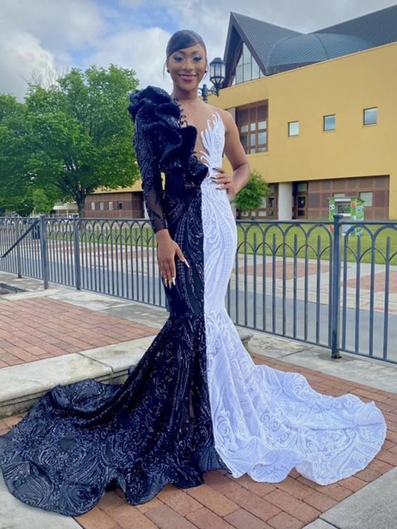 Modern Black And White Sequined Mermaid Prom Dresses For Black Girls Ruffle V-Neck Illusion Sexy Celebrity Evening Gowns Court Train Long Sleeve Glitt
