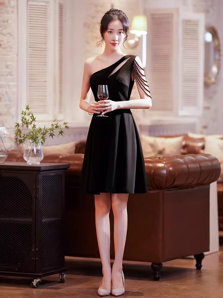 Black Women Short Cocktail Midi Evening Dress one Shoulder A-line Formal Prom Evening Party Ball Gown robe de soiree