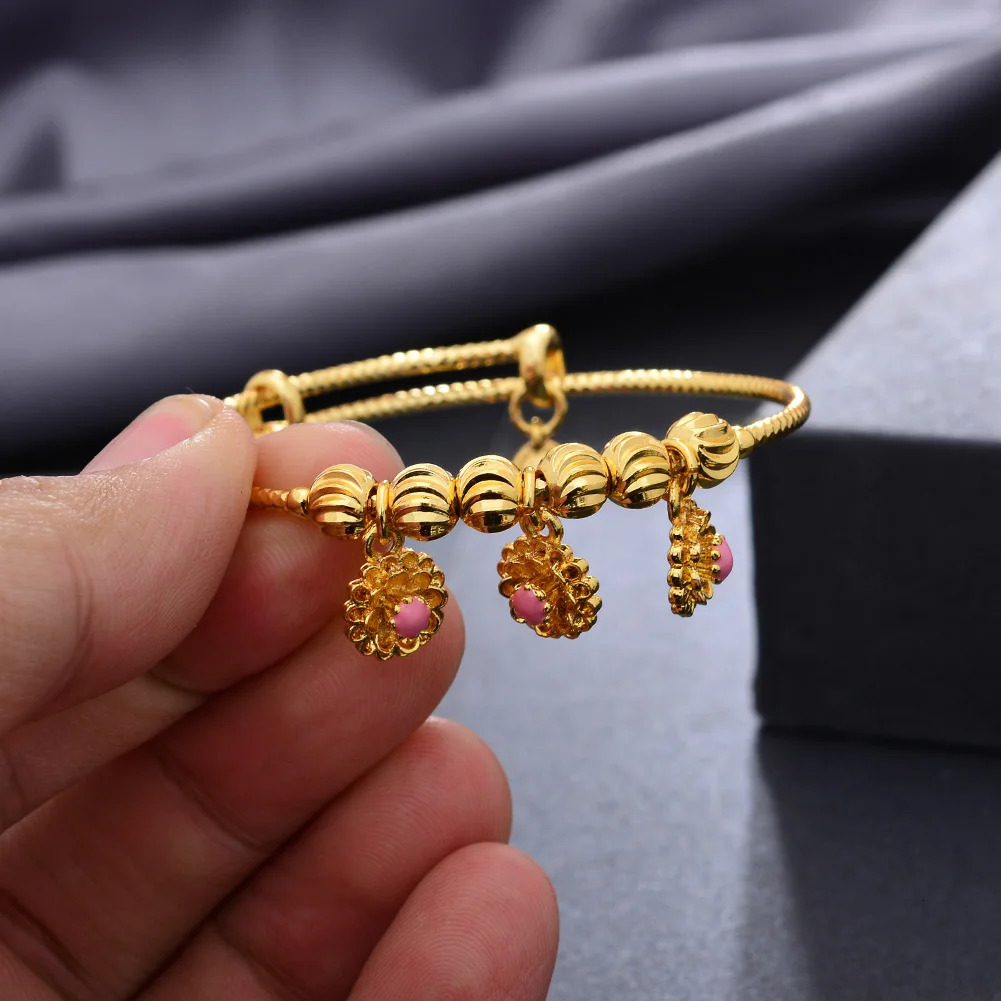 4pcs/Lot Dubai Gold Color Bangles For Baby Chind 3-12Years Girls Flower Wedding Bracelet Bangles Africa Arab Jewelry 240315
