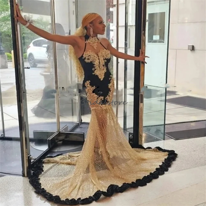 Sexy Gold Sequin Black Girl Prom Dresses 2024 Elegant Mermaid Gold Appliques Evening Dress Fishtail Special Occasion Formal Birthday Party Gowns vesti