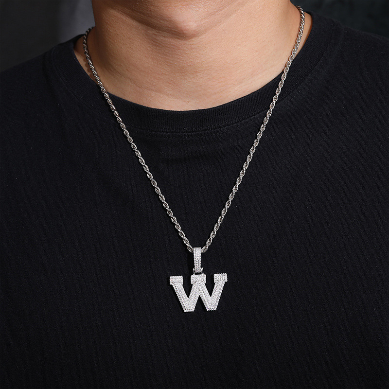 925 Sterling Silver Gold Plated Bling Moissanite A-Z Letter Pendant with 3mm 24inch Rope Chain Jewelry for Men Women Nice Gift