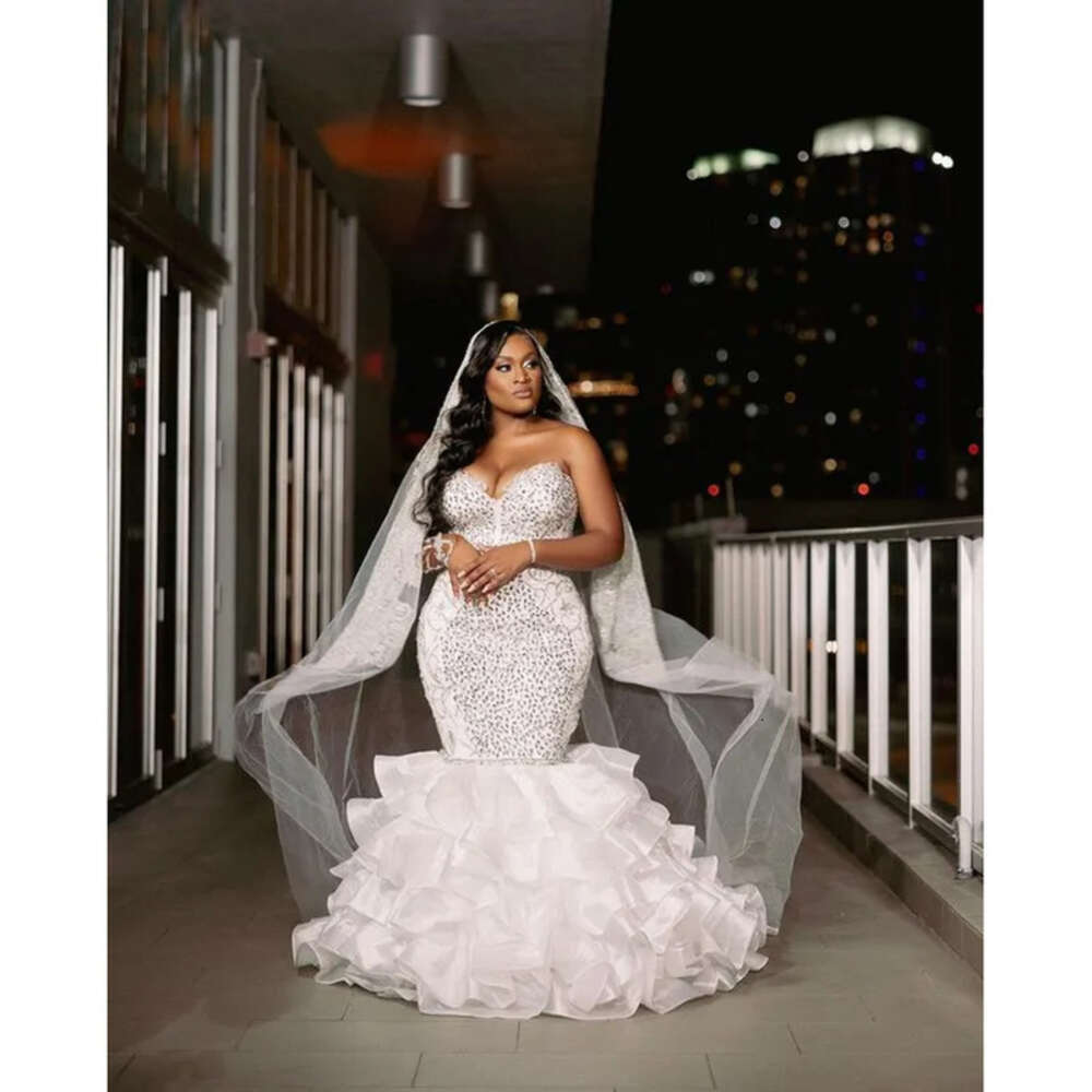 Ebi Arabic Aso Oct Plus Size Mermaid Ivory Luxurious Wedding Dresses Beaded Crystals Bridal Gowns Dress ZJ