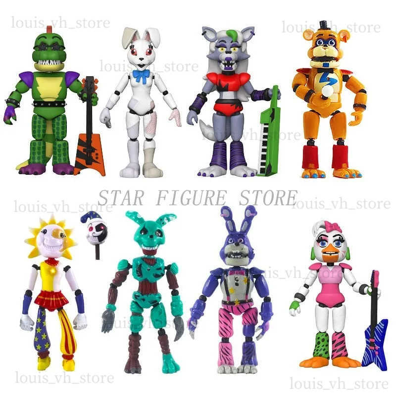 Action Toy Figures FNAF Foxy Bonnie Chica Action Figure Sundrop Moondrop Collection PVC Mangle Gator Roxanne Wolf Vanny Luminous Figurine Model Toy T240325