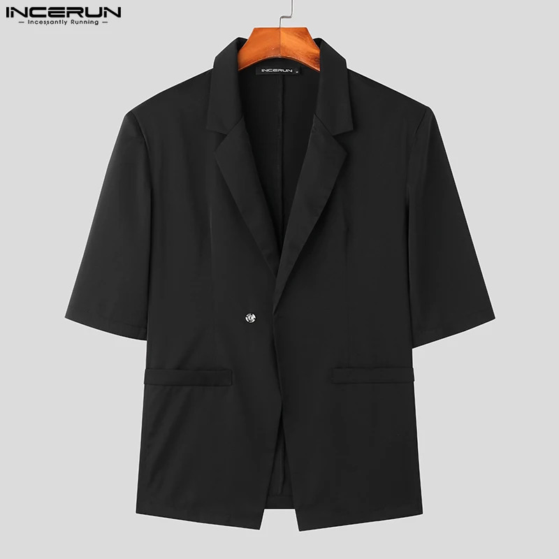 INCERUN Tops Korean Style Mens Silhouette Shoulder Pads Solid Blazer Casual Party Male All-match Short Sleeved Suit S-5XL 240318