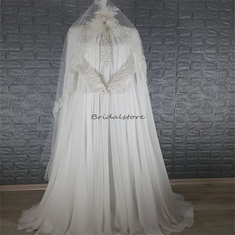 Luxury Beaded Muslim Wedding Dresses Dubai Arabic Long Sleeve Islamic Hispanic Country Bridal Dress 2024 Kaftan Chiffon Vestido Novia Appliques Lace c