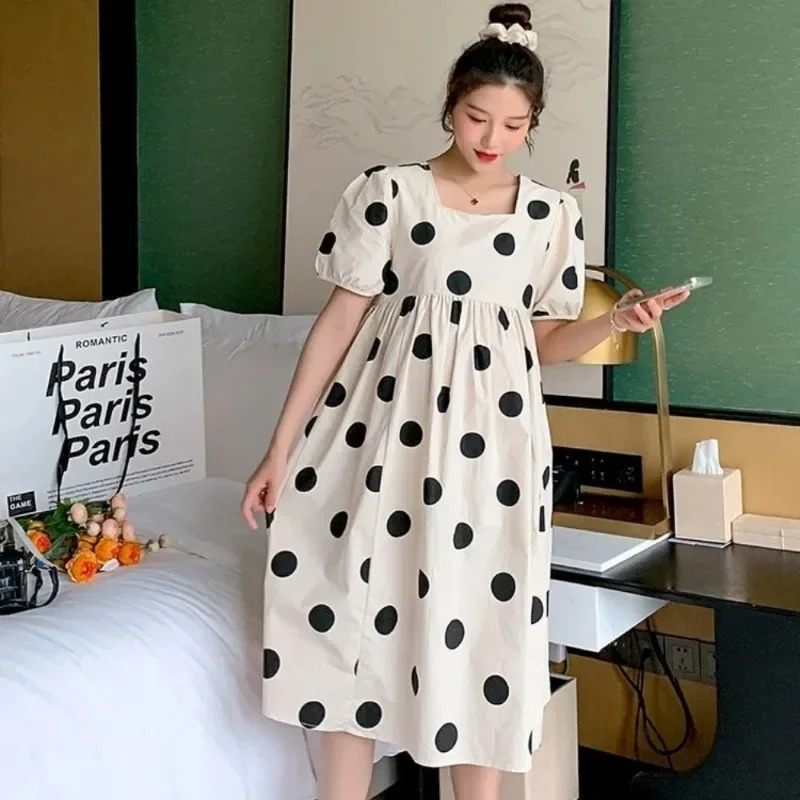 Summer Korean Fashion Polka Dot Printed Maternity Long Dress Casual A Line Loose Clothes for Pregnant Women Pregnancy Vestidos 240309