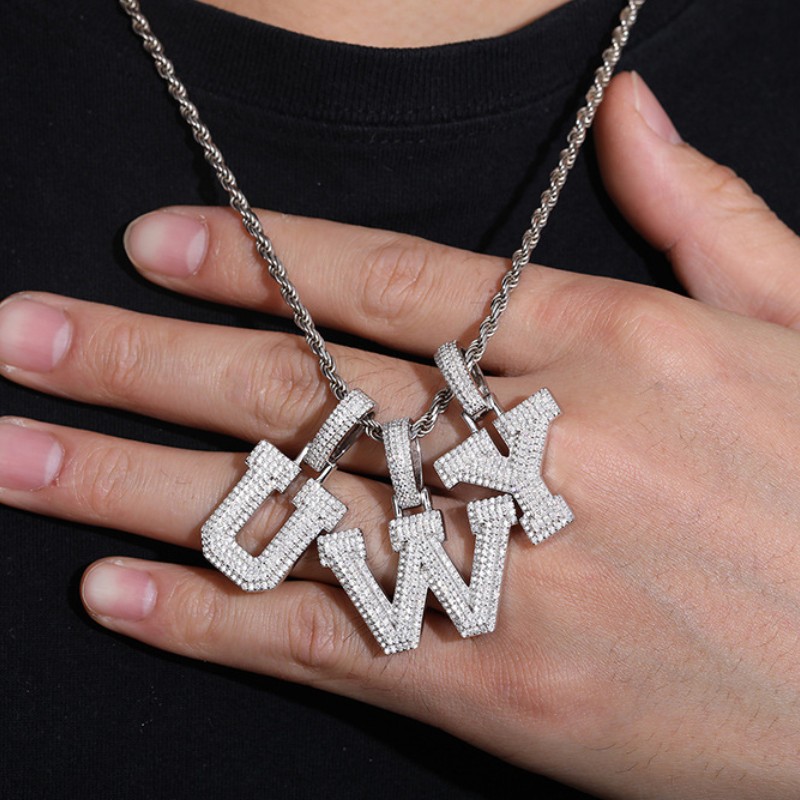 925 Sterling Silver Gold Plated Bling Moissanite A-Z Letter Pendant with 3mm 24inch Rope Chain Jewelry for Men Women Nice Gift