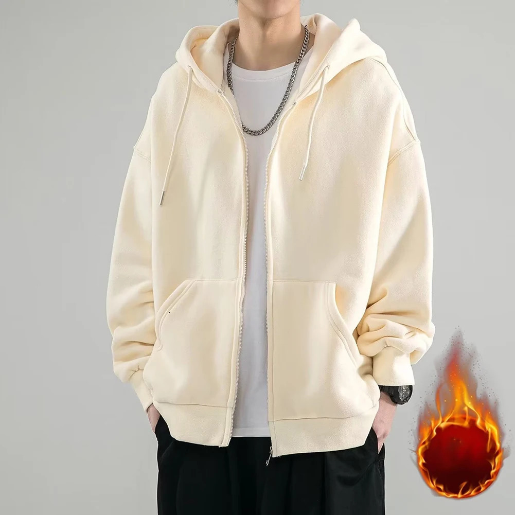 Fashion 5XL Mens Fleece Zipup Hoodie Solid Color Pockets Baggy Sweatshirt Plus Size Hoodies Man Clothing 240315