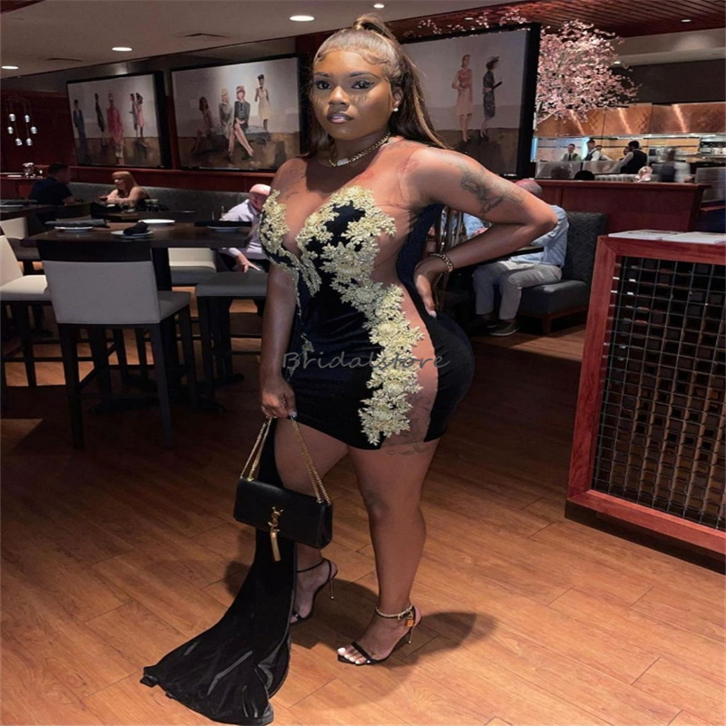 Velvet Prom Dresses For Black Girls Elegant Black With Gold Lace Mini Short Evening Dress With Train Sheer Neck Cocktail Dress Dinner Party Holiday Fo