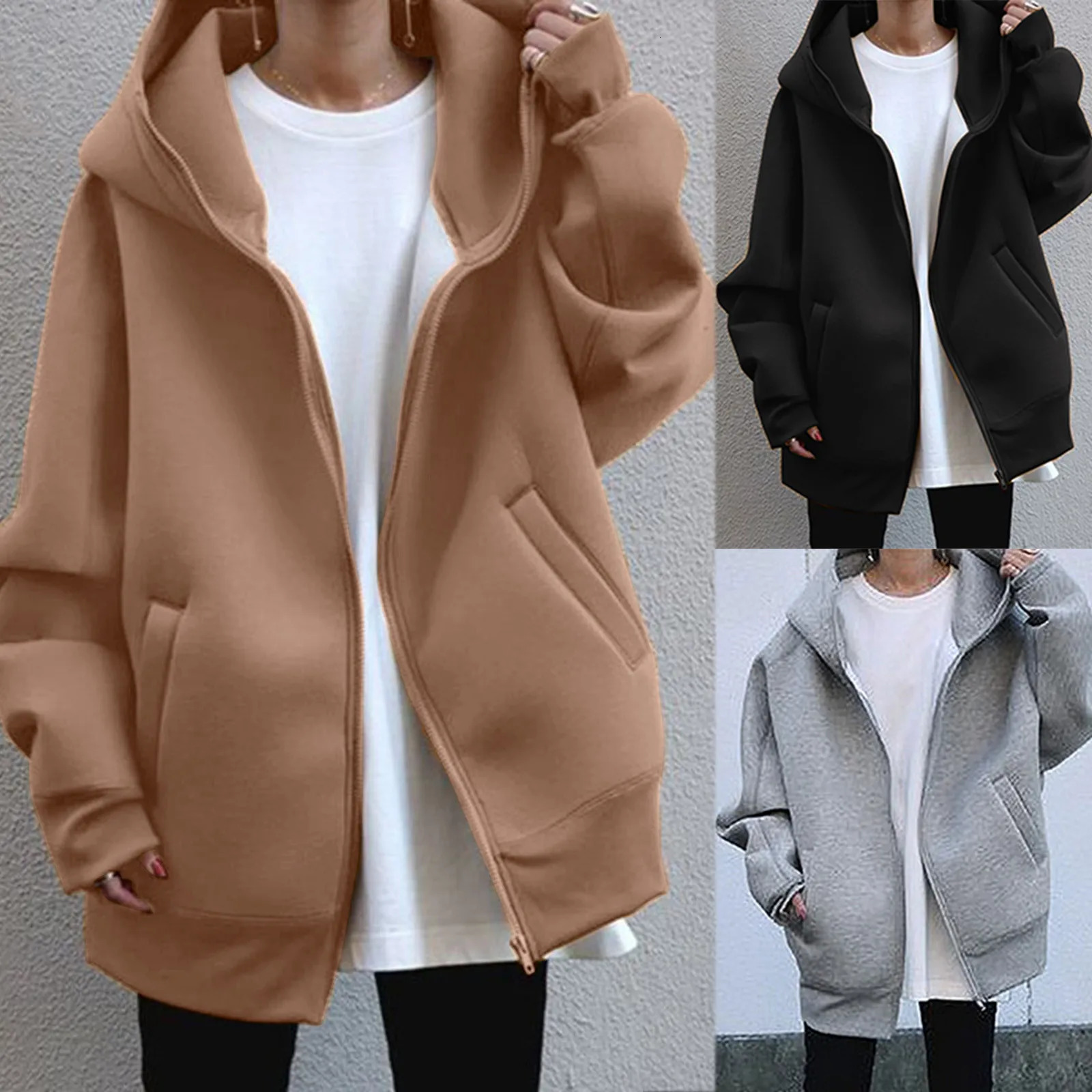 Women Korean Style Hoodies Zipup Harajuku Oversized Solid Pocket Hooded Sweatshirts Autumn Long Sleeve Loose Baseball Jacket 240318