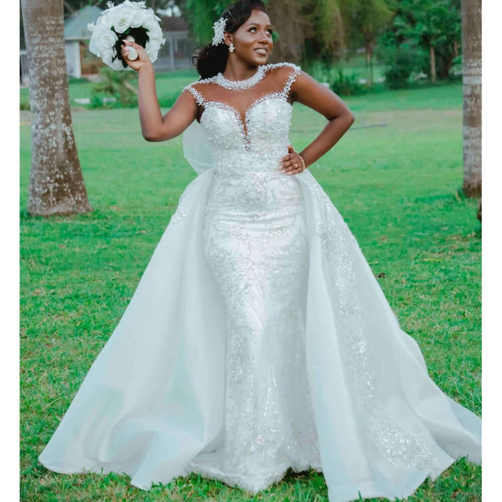 Nov Ebi Aso Arabic Plus Size White Mermaid Wedding Dress Pearls Sequined Lace Detachable Train Bridal Gowns Dresses ZJ Es