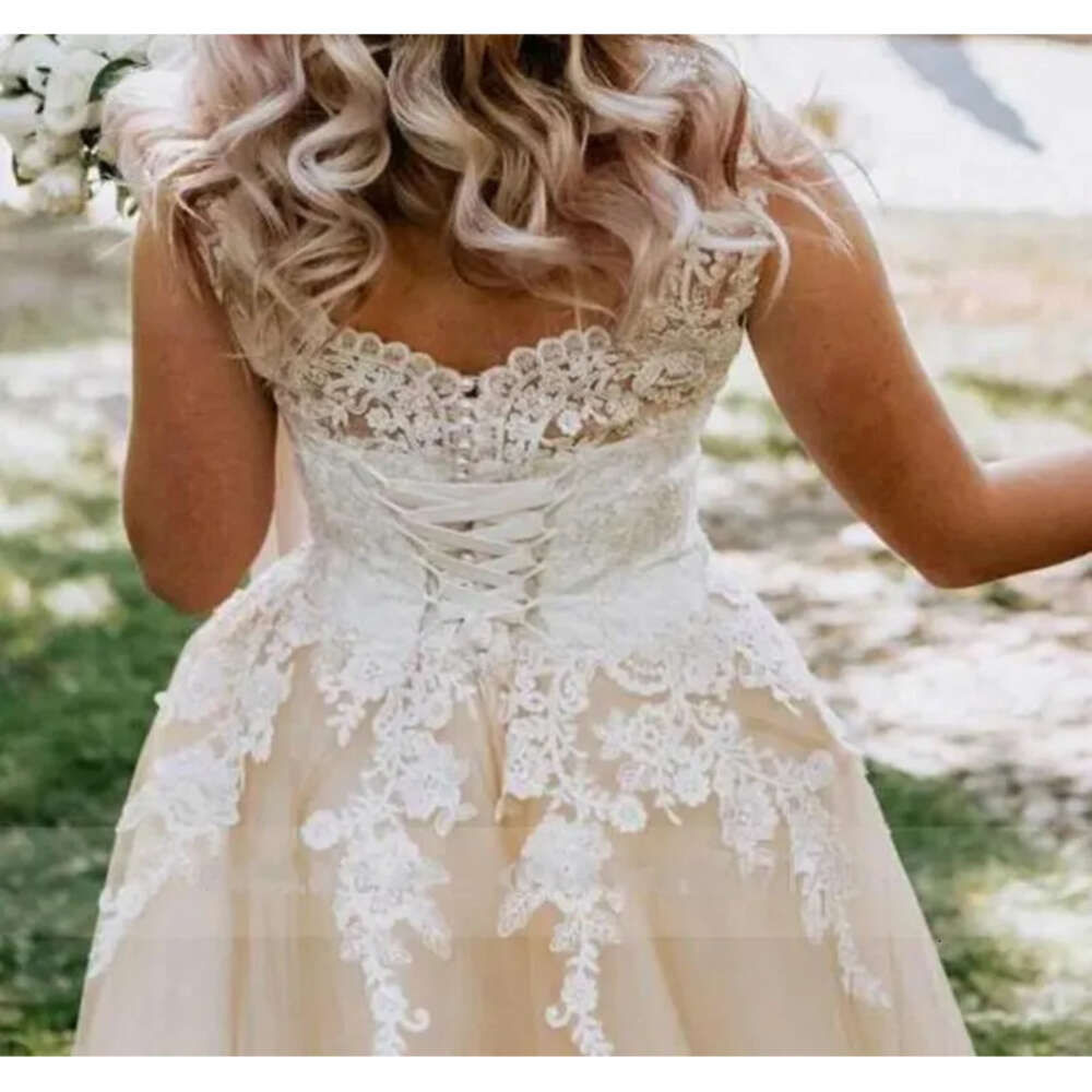 Champagne A Garden Country e Wedding Dress Up Back V Neck Lace Appliques Bridal Gowns Plus Size Vestido De Novia ppliques estido