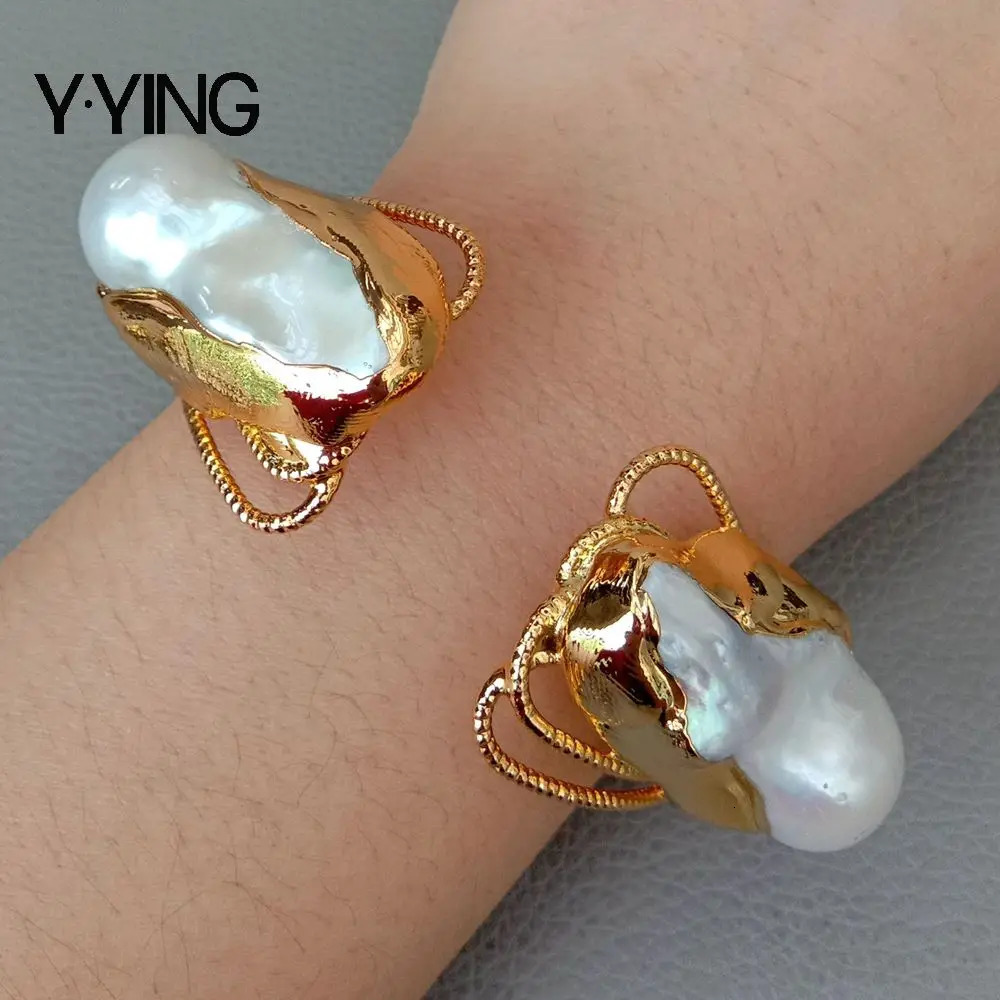 YYING Cultured White Keshi Pearl Bangle Gold color Plated Bracelet 240318