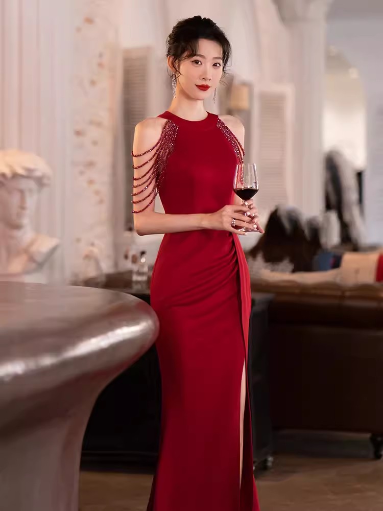 Wine red Women Cocktail Long Maxi Dress off Shoulder Side Split Formal Prom Evening Party Ball Gown