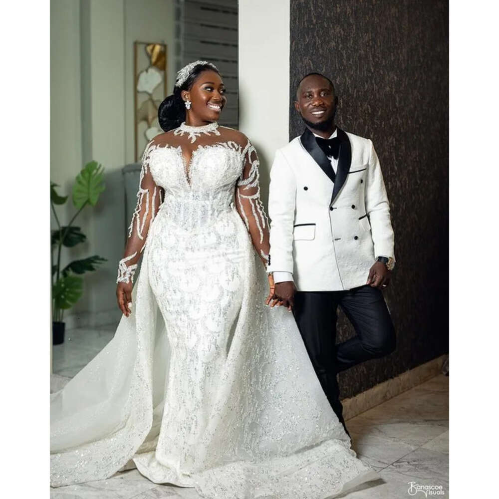 Ebi Oct Arabic Aso Sequined Lace Mermaid Wedding Dress White Detachable Train Bridal Gowns Dresses