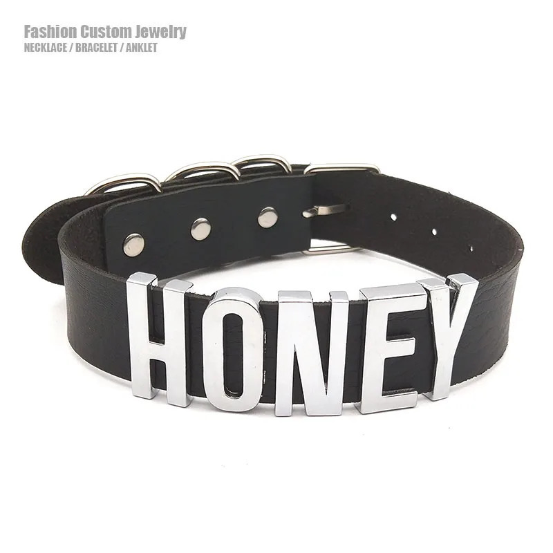 Goth Big Words HONEY Letter Necklace For Women Mens Fashion PU Leather Wide Choker Collar Party Jewelry Gifts Support Custom 240315