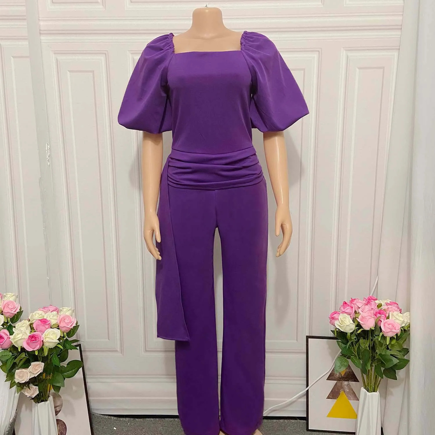 Elegant Jumpsuits Rompers for Women Square Neck Lantern Sleeve High Waisted Solid Straight Female Birthday Party Dinner Outfit 240315