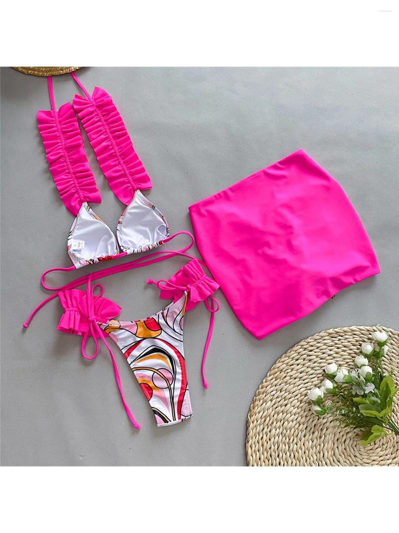 Women's Swimwear Printed Ruffled Frilled With Skirt Bikini Female Swimsuit Women Three-pieces Set Bather Bathing Suit Swim K5231
