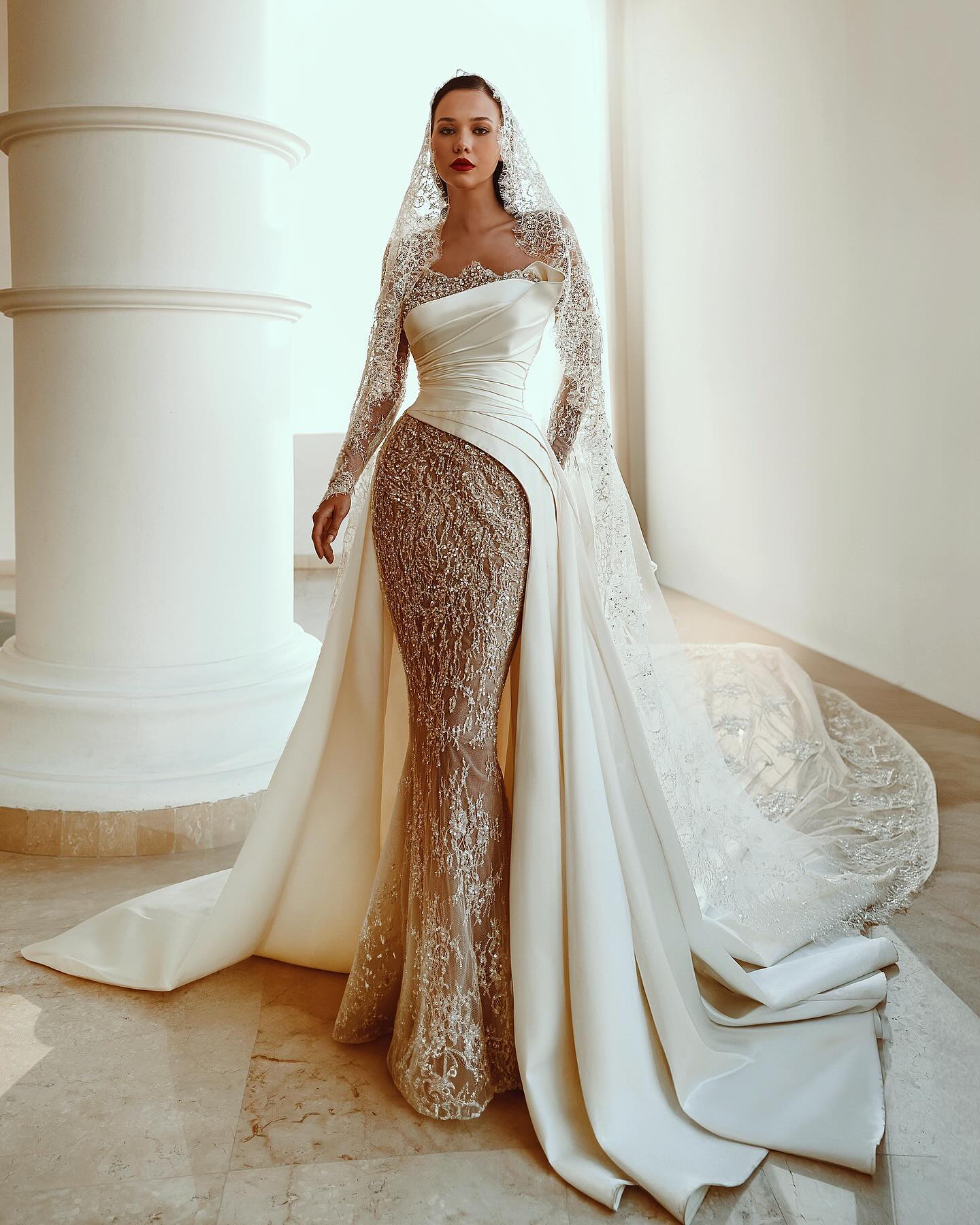 Vintage Mermaid Chart Wedding Dress for bride beads lace long sleeves wedding dresses Bridal Gowns pleats satin robe de mariage