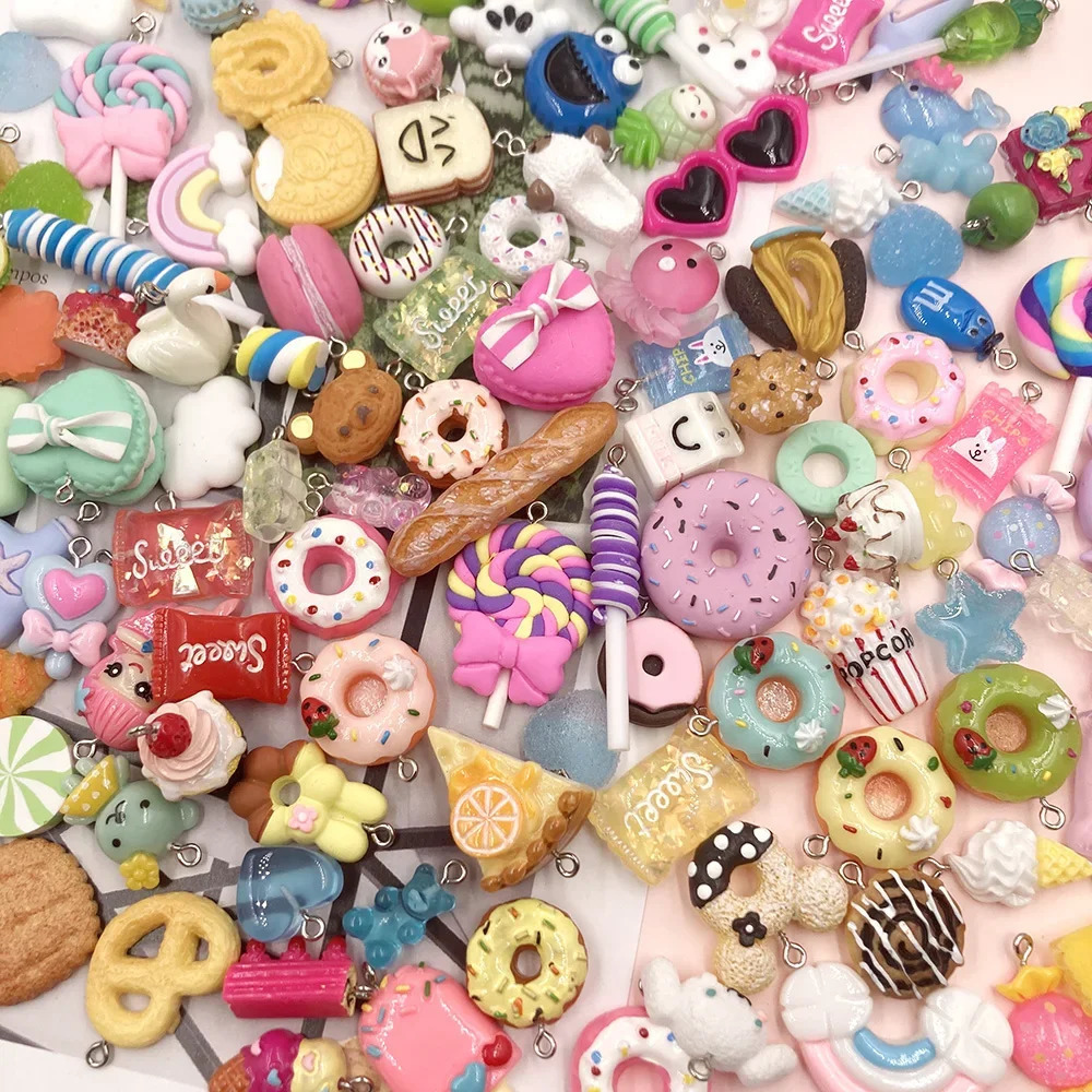 100Pcs Mixed Candy Cookies Donuts Luck Bags Resin Charms Flat back Cabochon for Necklace Earrings Jewelry Making Accessories 240309
