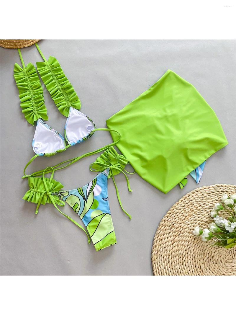 Women's Swimwear Printed Ruffled Frilled With Skirt Bikini Female Swimsuit Women Three-pieces Set Bather Bathing Suit Swim K5231