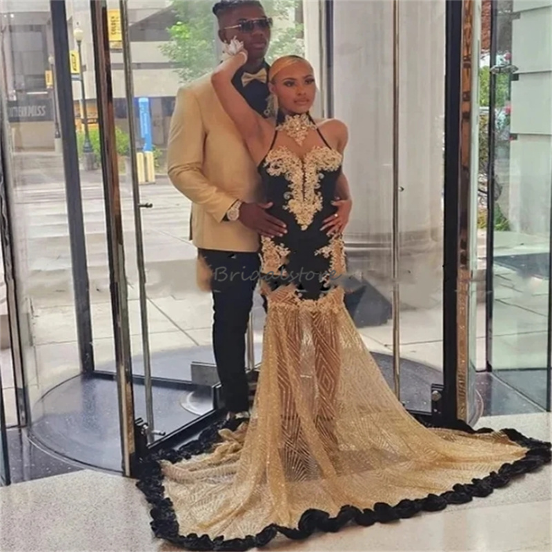 Sexy Gold Sequin Black Girl Prom Dresses 2024 Elegant Mermaid Gold Appliques Evening Dress Fishtail Special Occasion Formal Birthday Party Gowns vesti