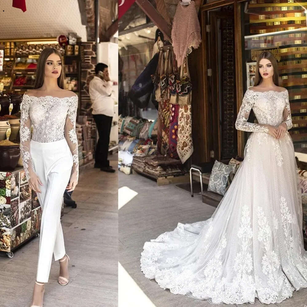 Wedding Jumpsuits With Detachable Skirt Gorgeous 2 Pieces Long Sleeves Bridal Gown Removable Train Plus Size Modest Bateau Bes121