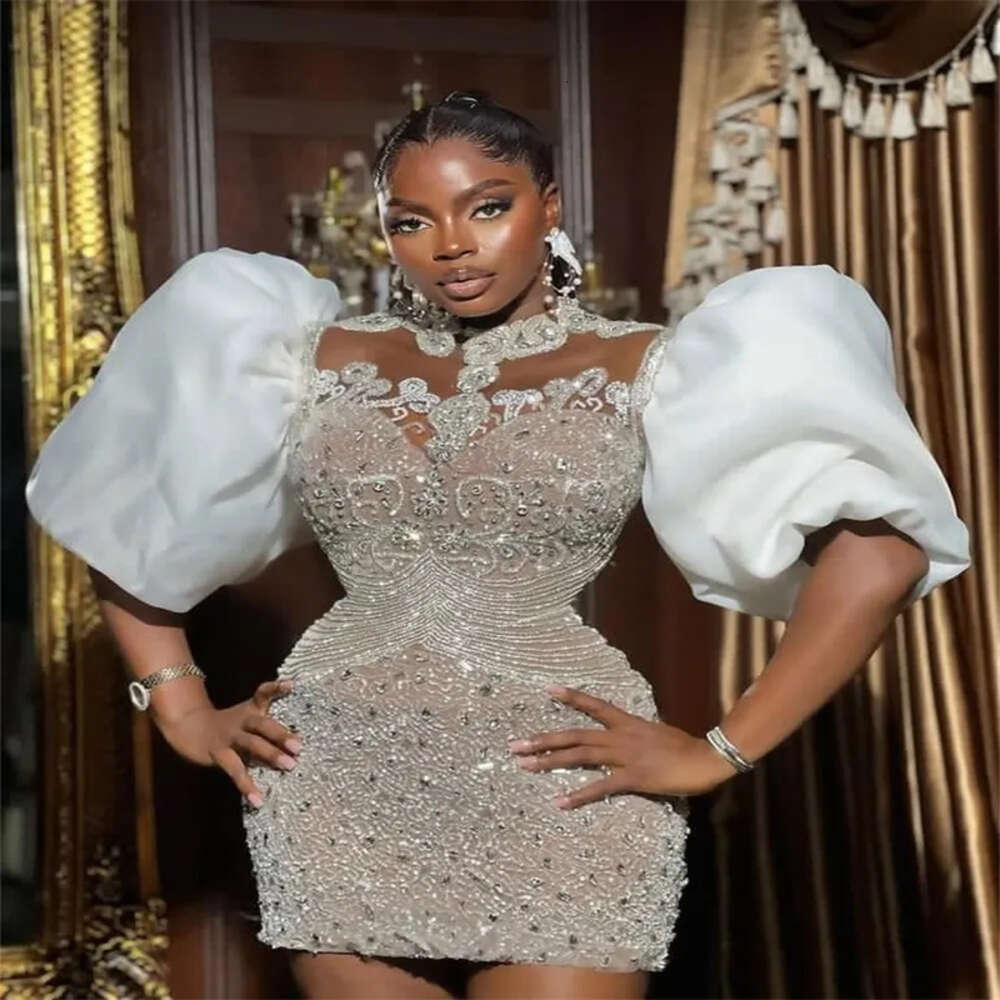 Arabic Ebi Nov Aso Plus Size Beaded Crystals Wedding Dress Sheer Neck Short Mini Sheath Bridal Gowns Dresses ZJ Es