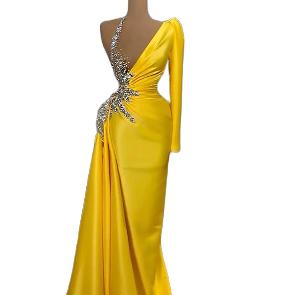 Designer Women Evening Dresses Sheer Neck One Shoulder Prom Gowns Appliques Sweep Train Dress For Party Custom Made Robe De Soiree