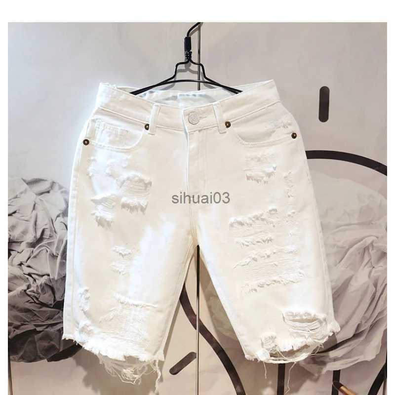 Men's Jeans 2022 Summer Fashion Cutting Mens Tattoo Tear Shorts Loose Straight Casual White Denim Pants Street Clothing Mens Boyfriend JeansL2403