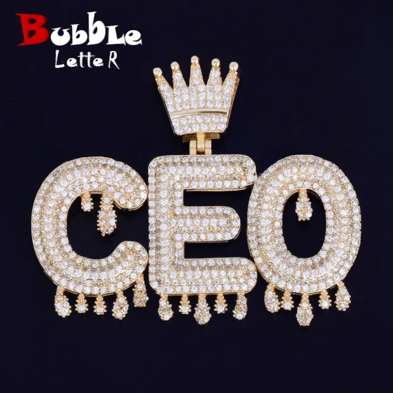 Bubble Letter Custom Name Necklace for Men Personalized Pendant Crown Drippy Charms Cubic Zircon Hip Hop Jewelry Iced Out 240309