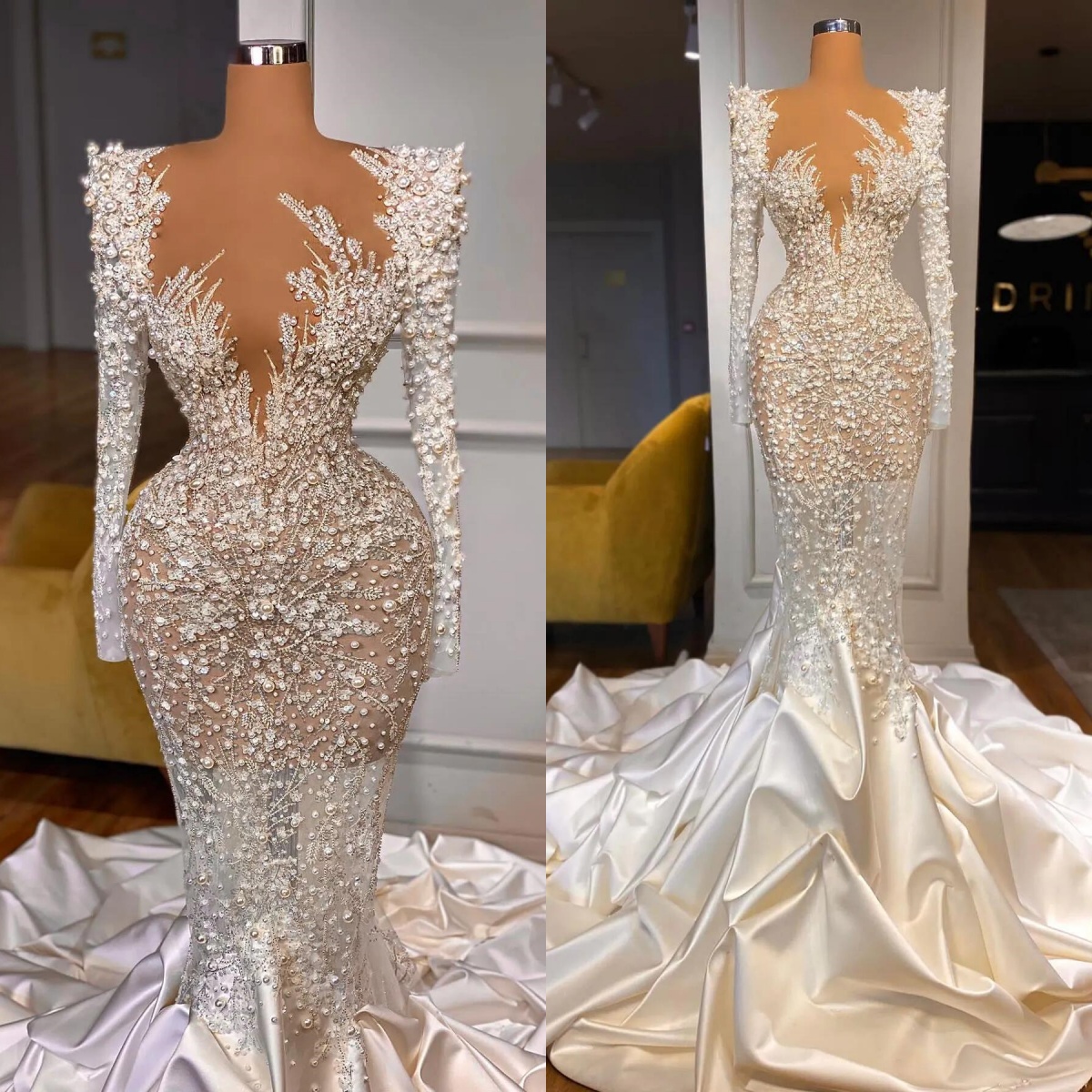Exquisite Mermaid Wedding Dresses Pearls Bridal Gowns See Through Slim Custom Made Sequins Long Sleeve Sheer Neck Vestidos De Novia