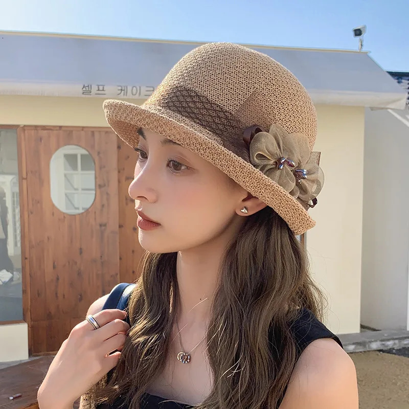 2023 Arrival Sun Hat Female Beach Sunscreen Cap For Women Summer Straw Foldable Breathable Knitted Bucket 240309