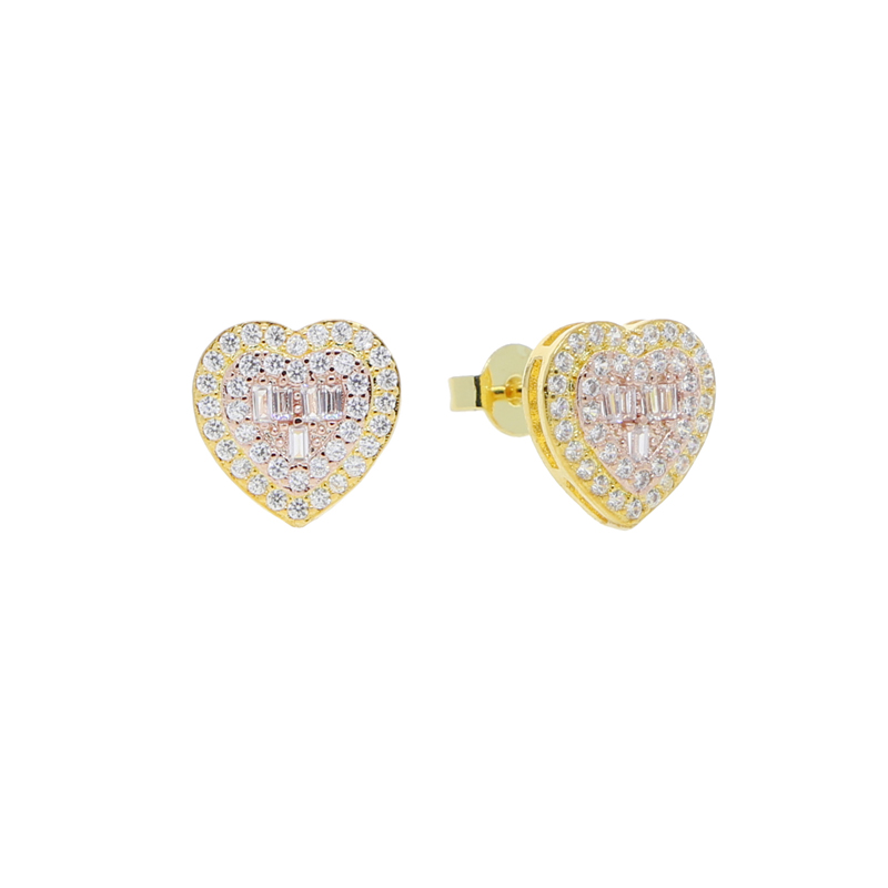 High Quality Cz Paved Heart Stud Earrings in Gold Sier for Women's Fashion and Wedding Jewelry