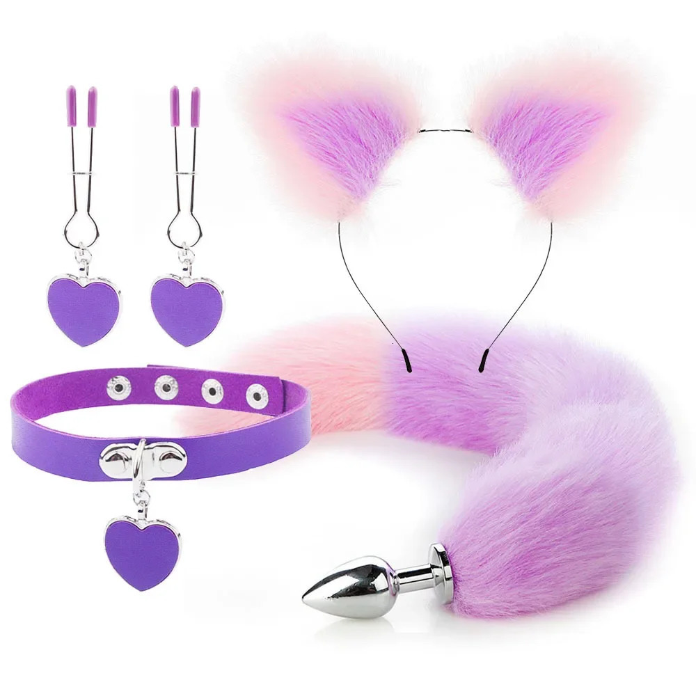 Anal Sex Toys Fox Tail Butt Plug Sexy Plush Cat Ear Headband With Bells Necklace Set Massage Sex toys For Women Couples Cosplay 240325